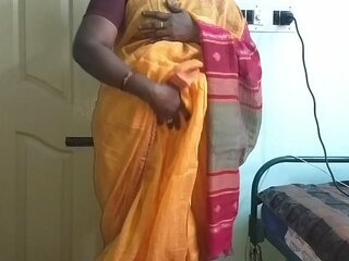 Desi Indian lustful Tamil Telugu Kannada Malayalam Hindi cheating hot wife vanita dressed in orange sari showing big tits and shaved pussy hard titty abs rubbing her pussy masturbation (aunty, ass)